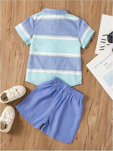 MakeMeChic Boy's 2 Piece Summer Outfits Striped Short Sleeve Button Down Collar Shirt Tops and Shorts Set in Saudi Arabia