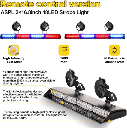 aspl 2x16.8 بوصة مستشار المرور أضواء الطوارئ القوية مع التحكم 48led وامض تحذير شريط ضوء الزجاج الأمامي الداخلي مع 4 أكواب شفط فراغ داش LED للشاحنات والمركبات (العنبر / الأبيض) in Kuwait