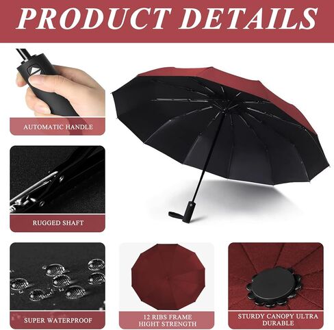 مظلات للشمس والمطر في الهواء الطلق، مظلات شمسية محمولة للسفر مقاومة للرياح أوتوماتيكية، شديدة التحمل 12 ضلع قابلة للفتح والإغلاق تلقائيًا للنساء والرجال in Kuwait