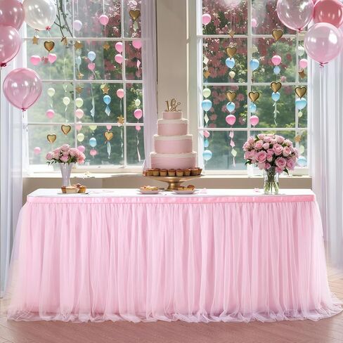 Suppromo 6ft Pink Tulle Table Skirt Baby Shower Tablecloth for Rectangle Tables or Round Tables Pink Ruffle Tutu Table Skirts for Princess Girls Birthday Party Cake Dessert Table Decorations in Saudi Arabia