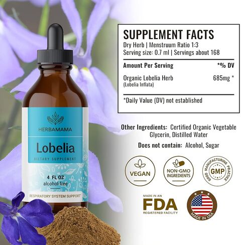 HERBAMAMA Lobelia Tincture - Organic Lobelia Herb Liquid Drops - Alcohol-Free - Vegan Supplement - 2 fl oz in Saudi Arabia