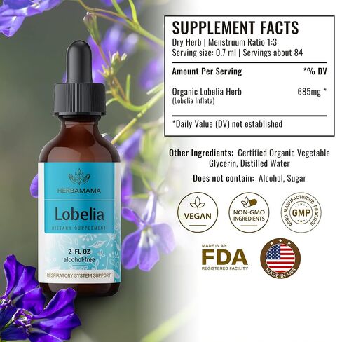 HERBAMAMA Lobelia Tincture - Organic Lobelia Herb Liquid Drops - Alcohol-Free - Vegan Supplement - 2 fl oz in Saudi Arabia