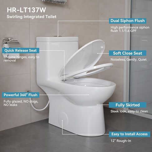 HOROW HR-LT137W مرحاض قطعة واحدة ممدود مع مقعد إغلاق ناعم، تدفق مزدوج قوي وهادئ 1.1/1.6 GPF، 12 خشن، 27.1 × 14.6 × 29.3 بوصة، أبيض in Kuwait