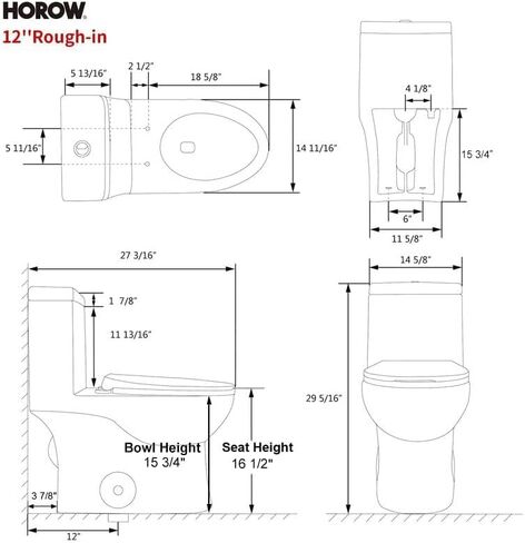 HOROW HR-LT137W مرحاض قطعة واحدة ممدود مع مقعد إغلاق ناعم، تدفق مزدوج قوي وهادئ 1.1/1.6 GPF، 12 خشن، 27.1 × 14.6 × 29.3 بوصة، أبيض in Kuwait