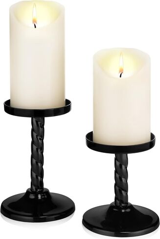 Black Pillar Candle Holder Set of 2 -Metal Candle Candlestick Holders for Pillar Candles Wedding Centerpieces Best Candle Stand 6.5" & 5.25" Inch Tall for Anniversary, Housewarming Christmas Decor in Saudi Arabia
