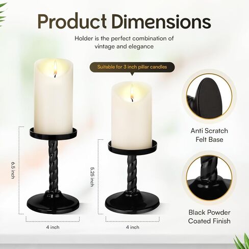 Black Pillar Candle Holder Set of 2 -Metal Candle Candlestick Holders for Pillar Candles Wedding Centerpieces Best Candle Stand 6.5" & 5.25" Inch Tall for Anniversary, Housewarming Christmas Decor in Saudi Arabia