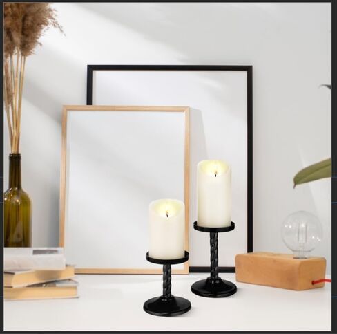 Black Pillar Candle Holder Set of 2 -Metal Candle Candlestick Holders for Pillar Candles Wedding Centerpieces Best Candle Stand 6.5" & 5.25" Inch Tall for Anniversary, Housewarming Christmas Decor in Saudi Arabia