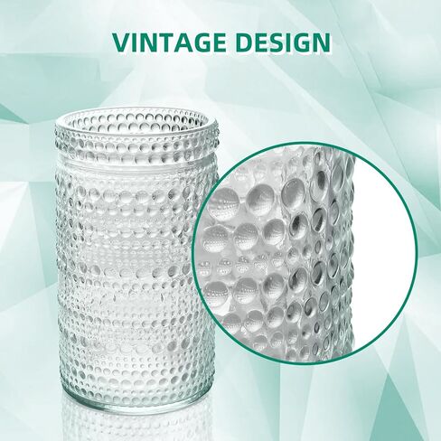 مجموعة أكواب الشرب من Hobnail مكونة من 8-16 أونصة مصنوعة يدويًا من الزجاج المُعاد تدويره والمطرز بالخرز - للويسكي والنبيذ والكوكتيلات - أكواب الشرب العتيقة، شفافة in Kuwait