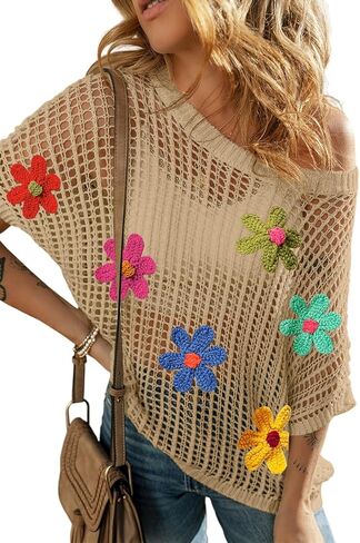 Urchics Womens Crochet Tops Flower Hollow Out Cover Up Short Sleeve Knit Pullover Sweater Summer Beach Coverup in Saudi Arabia