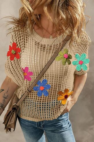 Urchics Womens Crochet Tops Flower Hollow Out Cover Up Short Sleeve Knit Pullover Sweater Summer Beach Coverup in Saudi Arabia