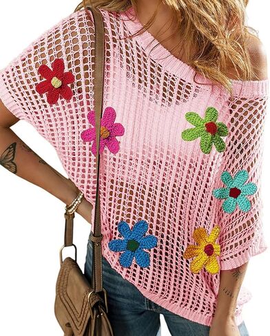 Urchics Womens Crochet Tops Flower Hollow Out Cover Up Short Sleeve Knit Pullover Sweater Summer Beach Coverup in Saudi Arabia