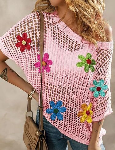 Urchics Womens Crochet Tops Flower Hollow Out Cover Up Short Sleeve Knit Pullover Sweater Summer Beach Coverup in Saudi Arabia