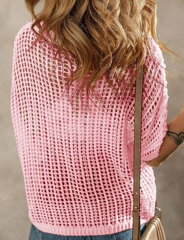 Urchics Womens Crochet Tops Flower Hollow Out Cover Up Short Sleeve Knit Pullover Sweater Summer Beach Coverup in Saudi Arabia