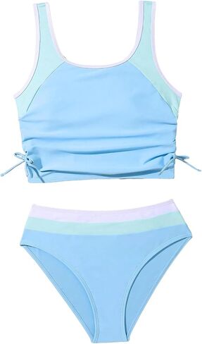 SweatyRocks Girl's 2 Piece Bathing Suit Colorblock Ruched Scoop Neck Drawstring High Waist Bikini Swimsuit in Saudi Arabia