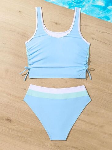SweatyRocks Girl's 2 Piece Bathing Suit Colorblock Ruched Scoop Neck Drawstring High Waist Bikini Swimsuit in Saudi Arabia