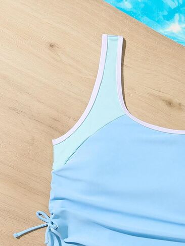 SweatyRocks Girl's 2 Piece Bathing Suit Colorblock Ruched Scoop Neck Drawstring High Waist Bikini Swimsuit in Saudi Arabia