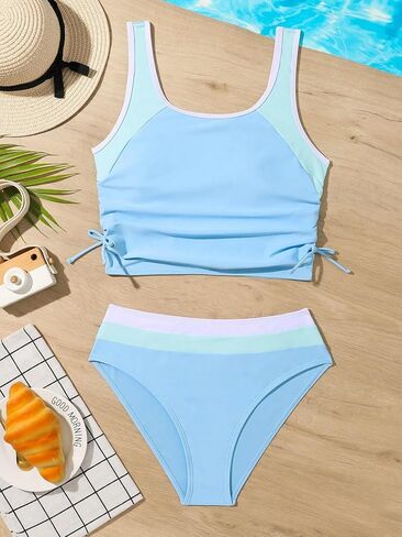 SweatyRocks Girl's 2 Piece Bathing Suit Colorblock Ruched Scoop Neck Drawstring High Waist Bikini Swimsuit in Saudi Arabia