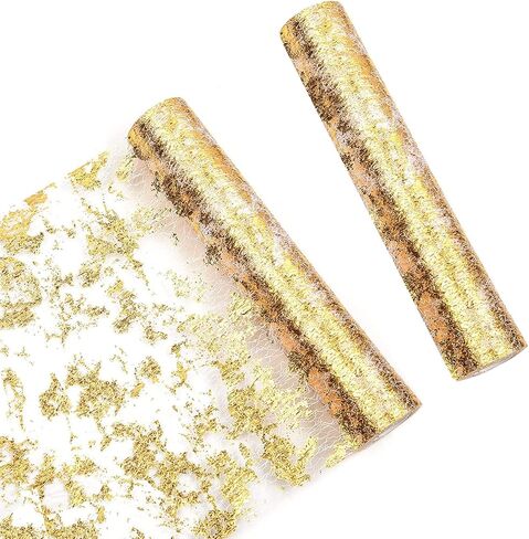 Gold Table Runner 11"x216"/18ft Glitter Metallic Thin Mesh Table Cloth Sparkle Table Runner Table Centerpiece Decoration for Event Party,Wedding,Bridal Shower,Birthday Party(108''/roll) in Saudi Arabia