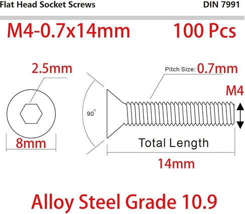 M4-0.7 × 14 مم براغي برأس مسطح، سبيكة فولاذية درجة 10.9، DIN 7991، أكسيد أسود، محرك ألين سداسي، محرك مقبس سداسي، خيط كامل 100 قطعة in Saudi Arabia