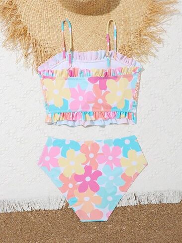 SHENHE Girl's Floral Bathing Suits Smocked Ruffle Trim High Waist 2 Piece Cute Swimsuit in Saudi Arabia