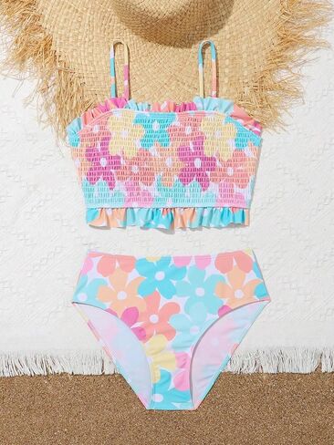 SHENHE Girl's Floral Bathing Suits Smocked Ruffle Trim High Waist 2 Piece Cute Swimsuit in Saudi Arabia