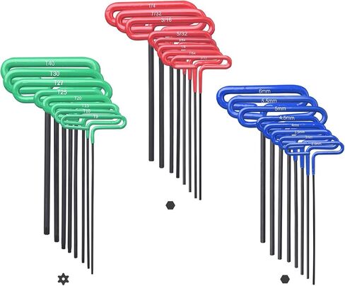 GogoBing Cushion Grip Hex t handle torque T-Key allen wrench sets long screwdriver tool - 8 SAE Standard 3/32-1/4 Inch & 8 Metric 2.5-6 MM Sizes & 8 Torx T9-T40, Red&Blue&Green in Saudi Arabia
