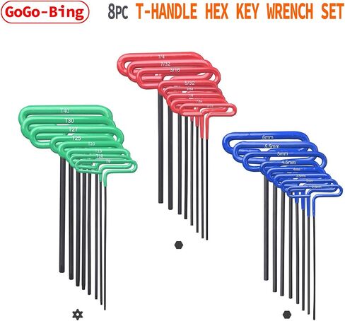 GogoBing Cushion Grip Hex t handle torque T-Key allen wrench sets long screwdriver tool - 8 SAE Standard 3/32-1/4 Inch & 8 Metric 2.5-6 MM Sizes & 8 Torx T9-T40, Red&Blue&Green in Saudi Arabia