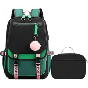 Girls Backpack with USB Charge Port Kid Schoolbag Student Shoulder Bookbag Set with Luch Bag (Black Blue)