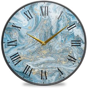 Blue Agate Marble Round Glass Wall Clock Non Ticking Decorative 9.5 Inch Decorative Clock Art for Bedroom Living Room Kitchen School