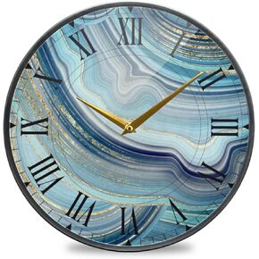 Blue Agate Marble Round Glass Wall Clock Non Ticking Decorative 9.5 Inch Decorative Clock Art for Bedroom Living Room Kitchen School