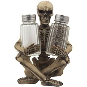 Scary Skeleton Glass Salt and Pepper Shaker Set with Decorative Spice Rack Display Stand Holder Figurine for Spooky Halloween Party Decorations and Skulls & Skeletons Kitchen Décor As Gothic Gifts