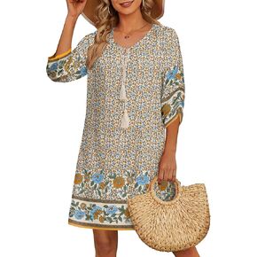 HOTOUCH Women Casual Summer Dress Boho Tassel Tie Neck Cover Up 3/4 Long Sleeve Short Floral Print Flowy Beach Sundresses