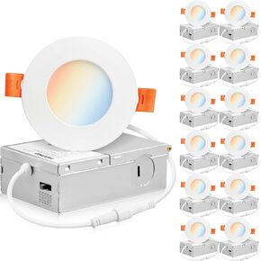 PARMIDA (12 Pack) 3 Inch Dimmable 5CCT Ultra-Thin LED Recessed Ceiling Light with Junction Box, 5 Color Selectable 2700K/3000K/3500K/4000K/5000K, 8W, Canless Wafer Slim Panel Downlight, IC Rated, ETL