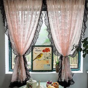 Princess Style Blush Pink Floral Lace Sheer Curtain Vintage Ruffled Black Lace Trim Short Curtain for Daughters Bedroom/Nursery Decor Retro Weave Knitted Kitchen Valance Rod Pocket 2 Panel 39Wx49L