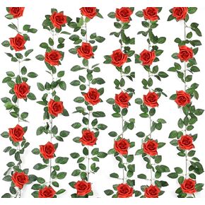 niuniufine 50FT Artificial Flowers Garlands Red 6PCS Silk Rose Hanging Vine with Green Leaves for Hallowen Decoration Home Wedding Arch Party Christmas Flowers Arrangement