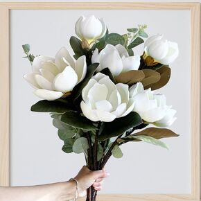 3pcs Artificial Magnolia Flowers Bouquet Long Stem Real Touch Faux Magnolia Flowers Decoration Realistic Magnolia Grandiflora DIY Arrangement for Wedding Home Décor (No Vase)