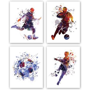 XUN Watercolor Boys Football Art Print- Soccer Silhouette Sport Theme Canvas Wall Art-(8"X10"X4 Pieces, Unframed)-Perfect for Boys Football Fans Bedroom Decoration