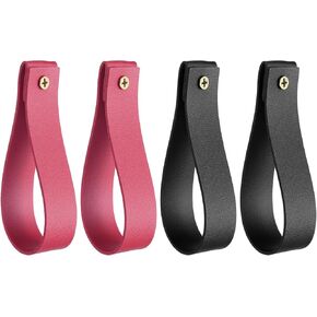uxcell 4pcs Leather Curtain Rod Holder 1 x 4.7 Inches Wall Hanging Straps Curtain Rod Hook Brackets Hangers with Screws for Wall Bathroom Kitchen Bedroom, Black/Rose Red