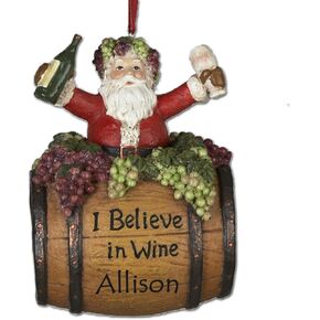 Personalized Santa in Wine Barrel Christmas Ornament - I Believe in Wine Christmas Character with Custom Name