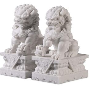 Large Size Foo Dogs Statues Pair Marble Feng Shui Guardian Lion Statues Home Outdoor Asian Decor for Entrance,Best Housewarming Congratulatory Decor to Ward Off Evil Energy,23LB