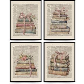 ETVISO Retro Vintage Book Posters for Library Set of 4, Book Club Decorations, Book Bowknot Floral Wall Art Prints for Book Nook Reading Room Classroom, Book Lovers Gifts, 8x10 (Unframed)