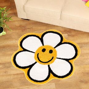 Whaline Smile Face Bath Rug Sunflower Happy Face Tufted Bath Mat Non Slip Absorbent Bathroom Shower Rugs Front Door Water Absorption Fluffy Carpet Floor Mat for Kitchen Bedroom Entrance Toilet Bathtub