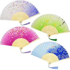 2 Pcs Folding Fan for Women Hand Fans Foldable Chinese Bamboo Handheld Fan Blue Ladies Silk Fan with Tassels Manual Accordion Fans Asian Fan for Wall Decoration