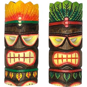 Set of 2 – Traditional Tiki Mask – Unique Brightly Colored Hand Carved Wall Hanging or Freestanding Sculpture – Tropical Hawaiian and Polynesian Décor – Tribal Luau Bar Beach Party