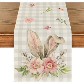 Artoid Mode Buffalo Plaid Bunny Rabbit Ears Flower Easter Table Runner, Spring Summer Seasonal Holiday Kitchen Dining Table Decoration for Indoor Outdoor Home Party Decor 13 x 72 Inch