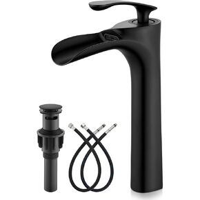 gotonovo Tall Bathroom Faucets for Sink 1 Hole Single Handle Modern Vessel Sink Faucets Waterfall Spout with Water Hoses Solid Brass Vanity Bar Deck Mount with Pop Up Drain Oil Rubbed Bronze