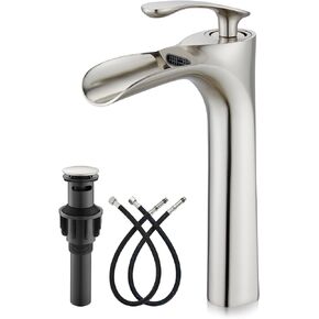 gotonovo Tall Bathroom Faucets for Sink 1 Hole Single Handle Modern Vessel Sink Faucets Waterfall Spout with Water Hoses Solid Brass Vanity Bar Deck Mount with Pop Up Drain Oil Rubbed Bronze