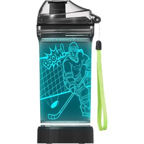Kids Water Bottle with 3D Glowing Hockey LED Light - 14 OZ Tritan BPA Free - Creative Ideal Travel Cup Gift for School Kid Boy Child Holiday Camping