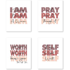 HUYAW Pink Woman Girl Inspirational Quotes Pray Worth Wall Art Prints Set of 4, Motivational Posters Gifts for Women Teen Girls Room Home Bedroom Office College Dorm Decor (Unframed), 8 x 10 In (white)