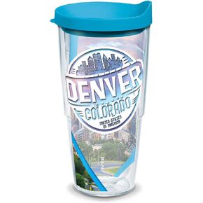 كوب Tervis Colorado-Denver Stamp معزول مع غلاف وغطاء فيروزي، 24oz، شفاف